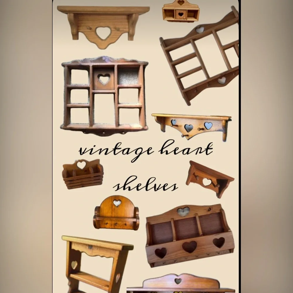 Vintage Cottagecore Solid Wood Heart Cutout Wall Display Peg Shelf